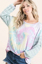 BiBi Tie Dye Terry Top with Wide Stripe Thermal Waffle