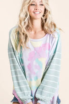 BiBi Tie Dye Terry Top with Wide Stripe Thermal Waffle