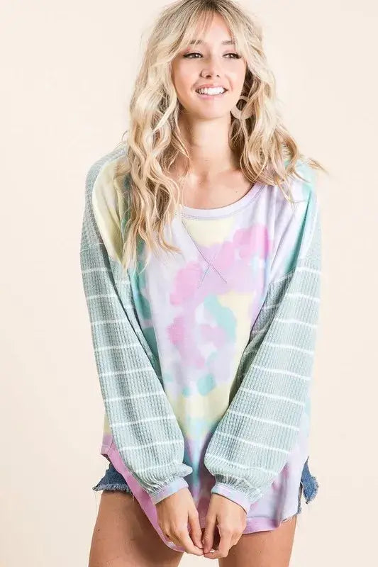 BiBi Tie Dye Terry Top with Wide Stripe Thermal Waffle