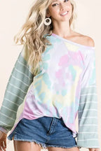 BiBi Tie Dye Terry Top with Wide Stripe Thermal Waffle