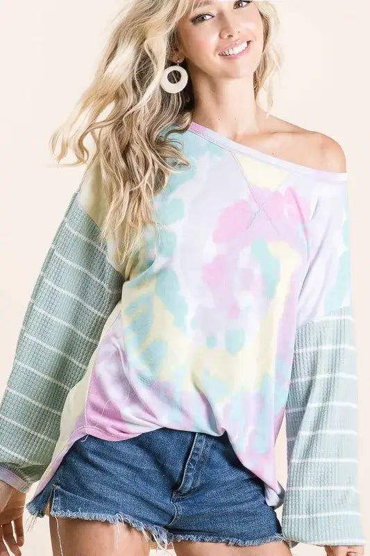 BiBi Tie Dye Terry Top with Wide Stripe Thermal Waffle