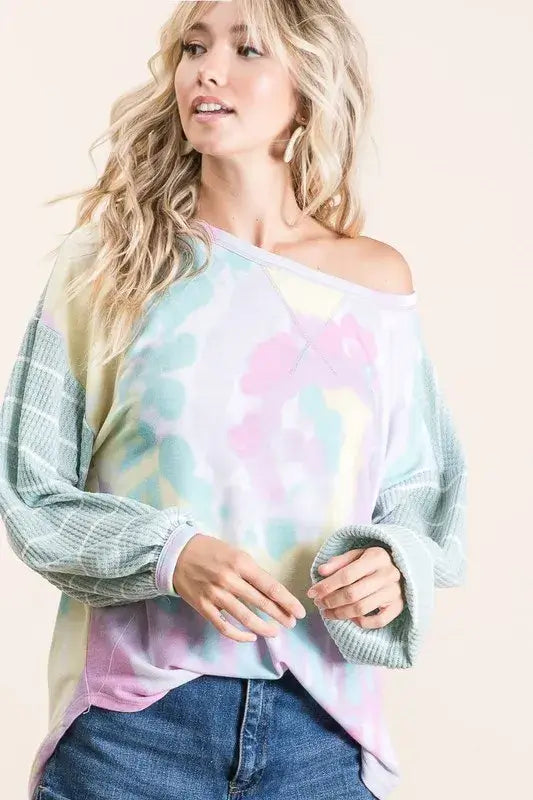 BiBi Tie Dye Terry Top with Wide Stripe Thermal Waffle