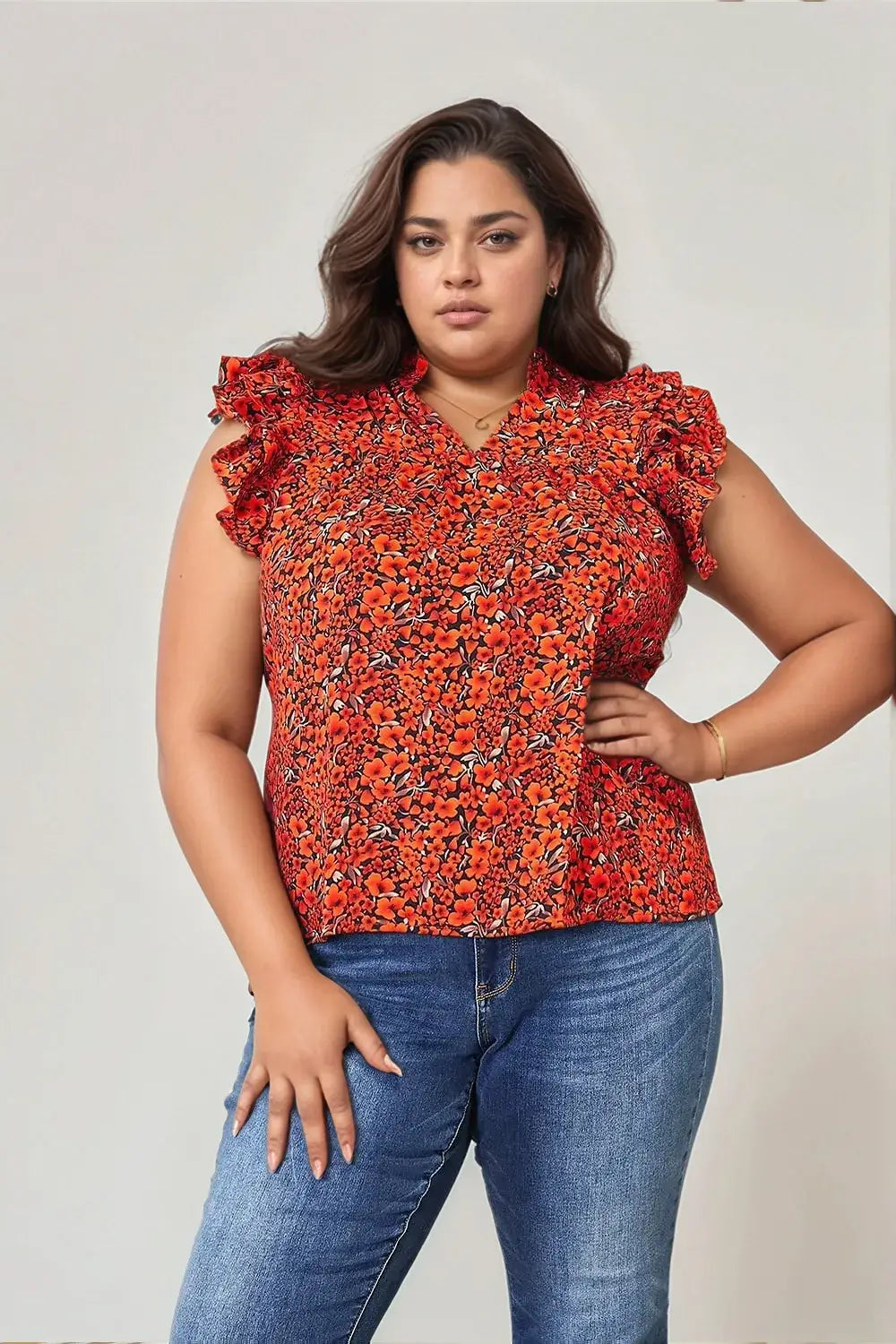 Double Take Floral Flutter Sleeve Notched Neck Blouse