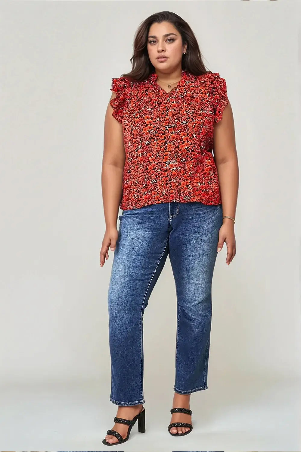 Double Take Floral Flutter Sleeve Notched Neck Blouse