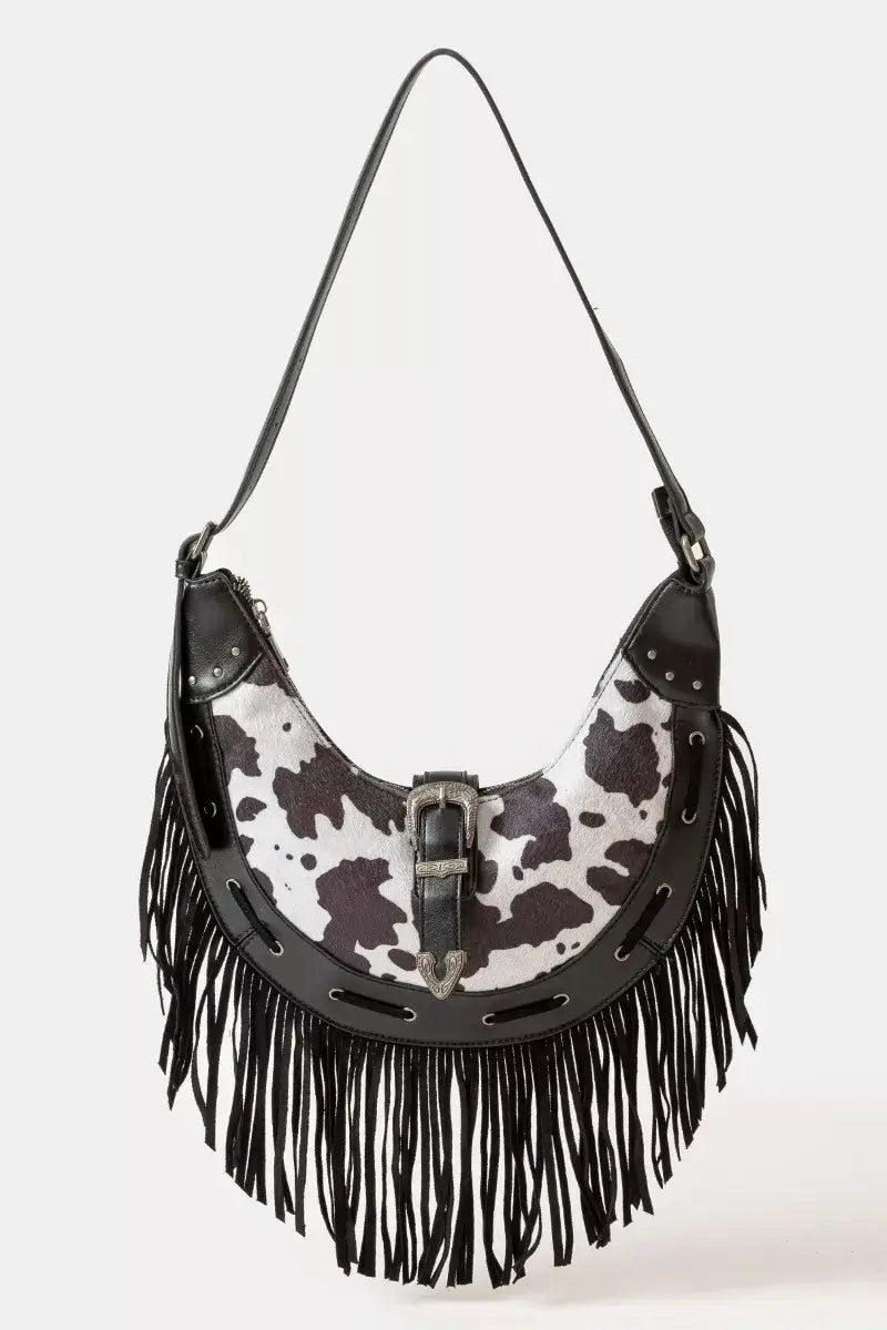 Fame Cow Print Faux Leather Fringe Hobo Bag