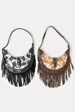 Fame Cow Print Faux Leather Fringe Hobo Bag