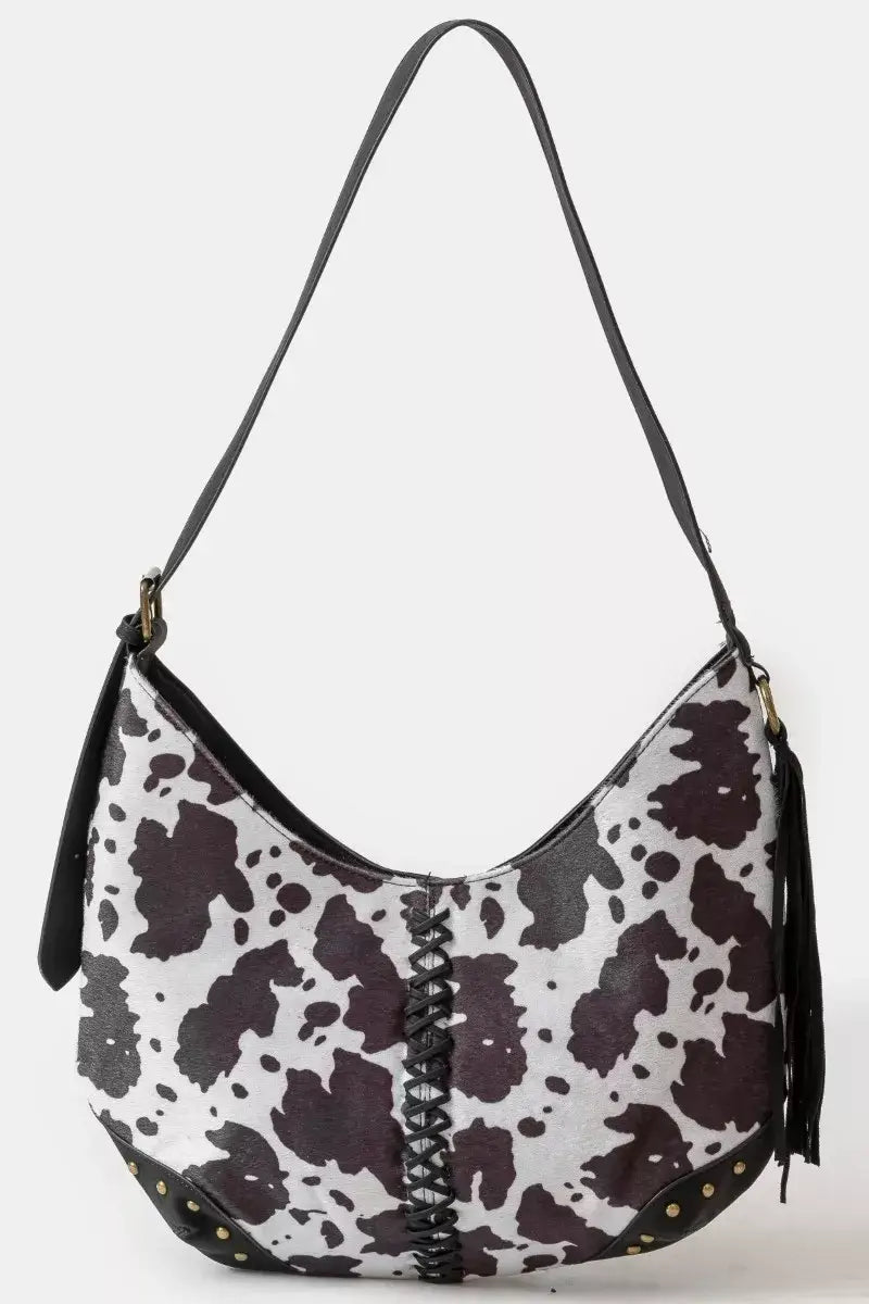 Fame Cow Print Hobo Shoulder Bag with Studded Details Image principale du produit