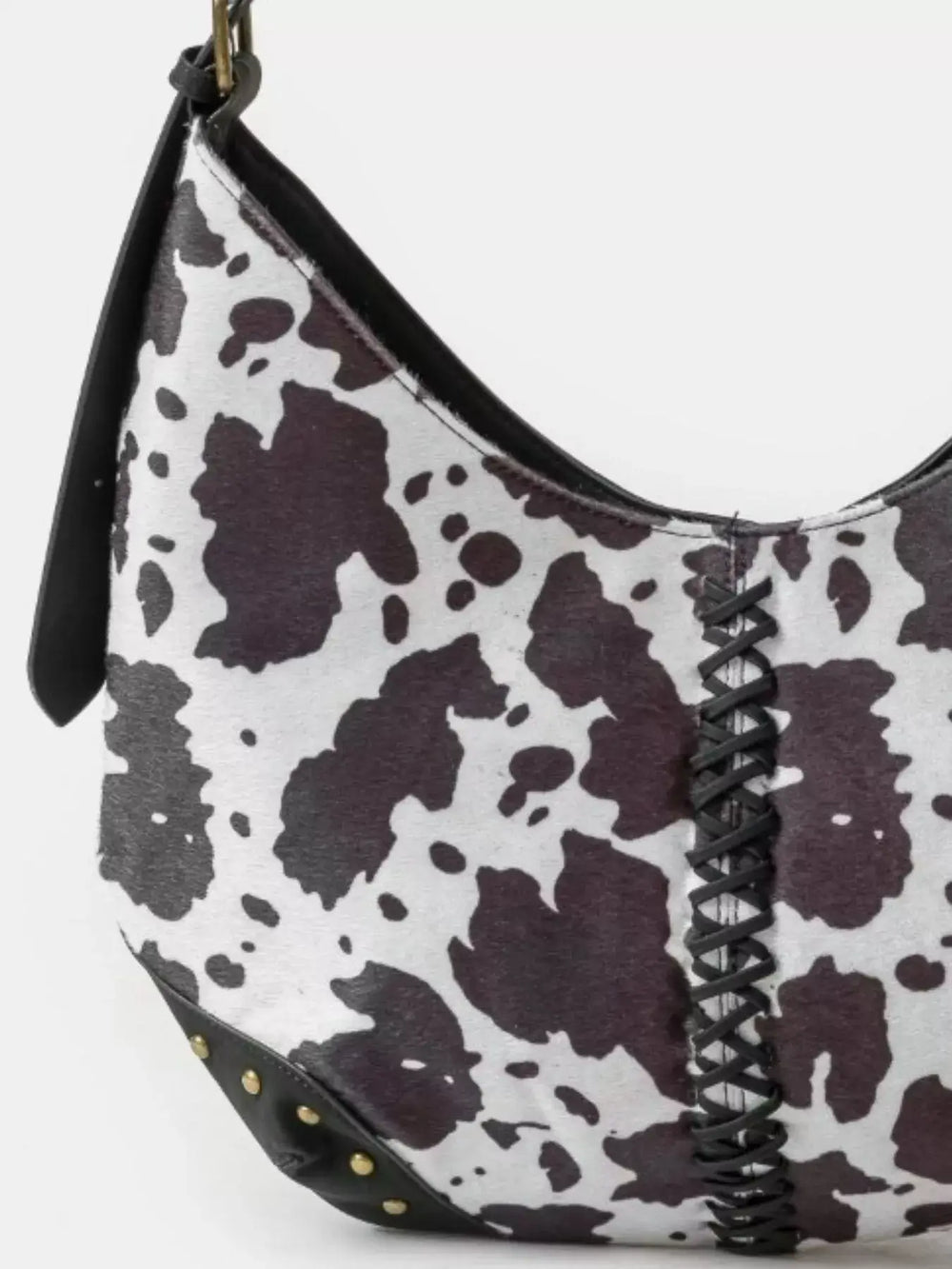 Fame Cow Print Hobo Shoulder Bag with Studded Details