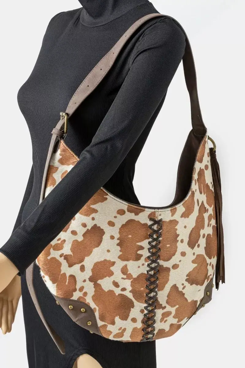 Fame Cow Print Hobo Shoulder Bag with Studded Details