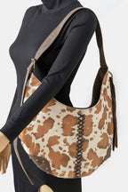 Fame Cow Print Hobo Shoulder Bag with Studded Details