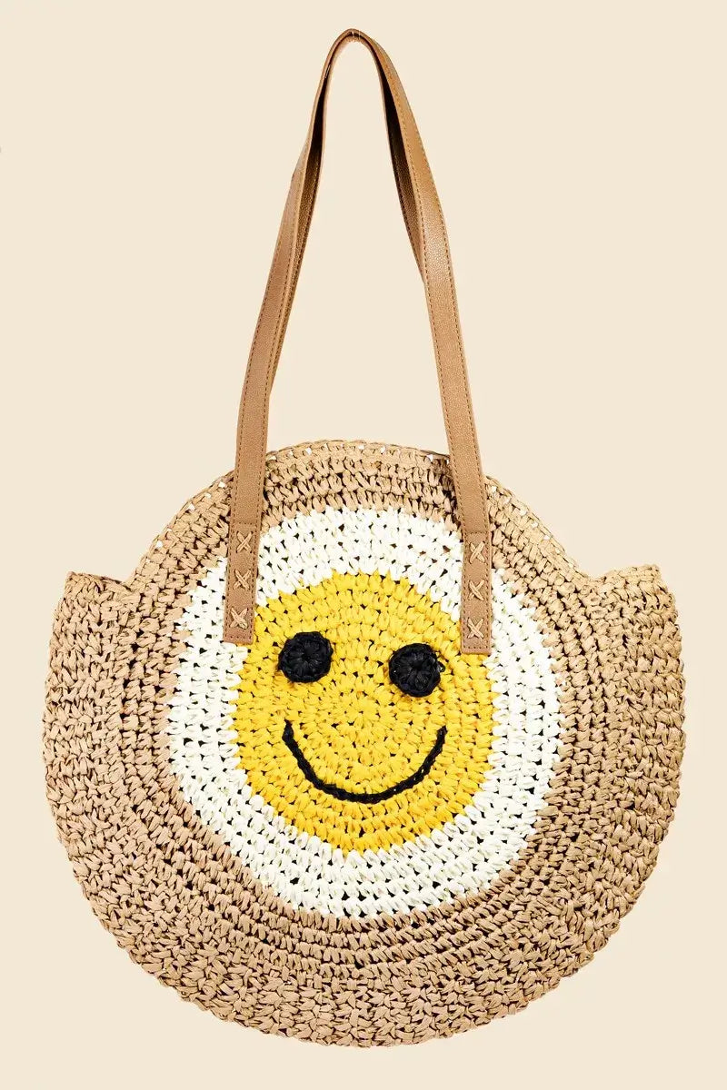 Fame Straw Braided Round Happy Face Tote Bag