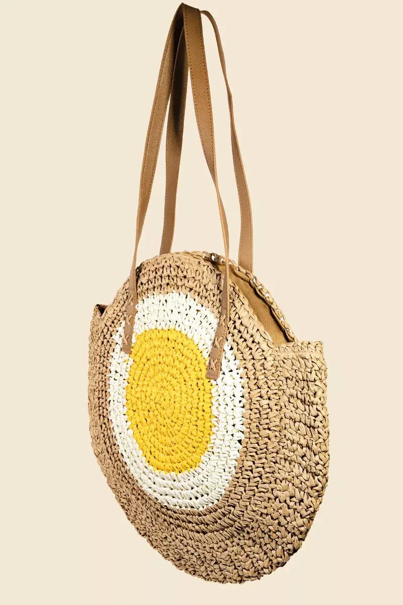 Fame Straw Braided Round Happy Face Tote Bag