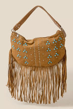 Fame Studded Pattern Multi Fringe Hobo Shoulder Bag