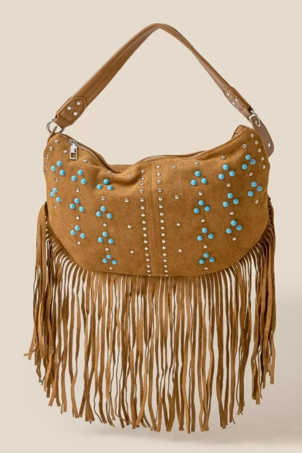 Fame Studded Pattern Multi Fringe Hobo Shoulder Bag