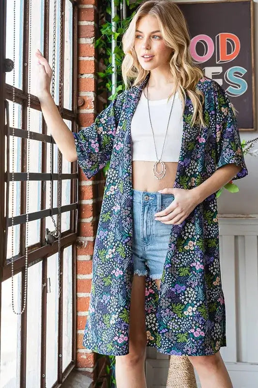 Heimish Full Size Half Sleeve Floral Open Cardigan Plus Size