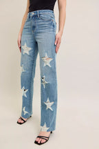 plus size 90s high waist jeans with star-shaped destroy details, straight leg fit, retro-inspired style, flattering silhouette, trendy fashion