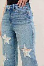 plus size 90s high waist jeans with star-shaped destroy details and straight leg fit