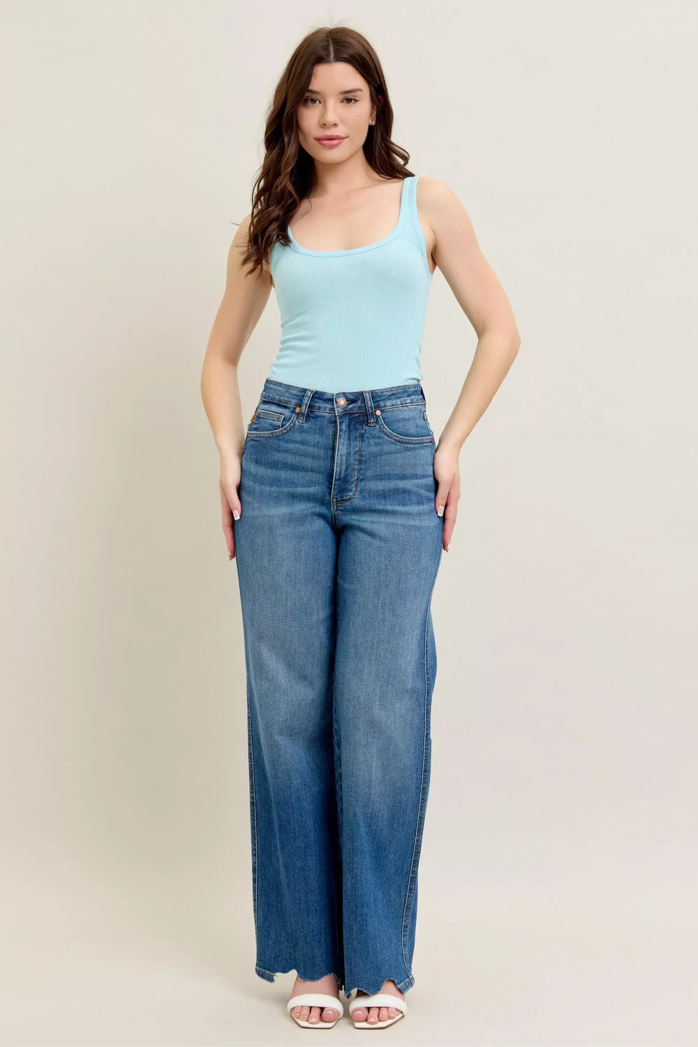 Judy Blue Full Size High Waist Tummy Control Chew Hem Destroy Wide Jeans Plus Size