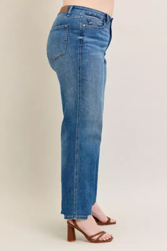 Judy Blue Full Size High Waist Tummy Control Chew Hem Destroy Wide Jeans Plus Size
