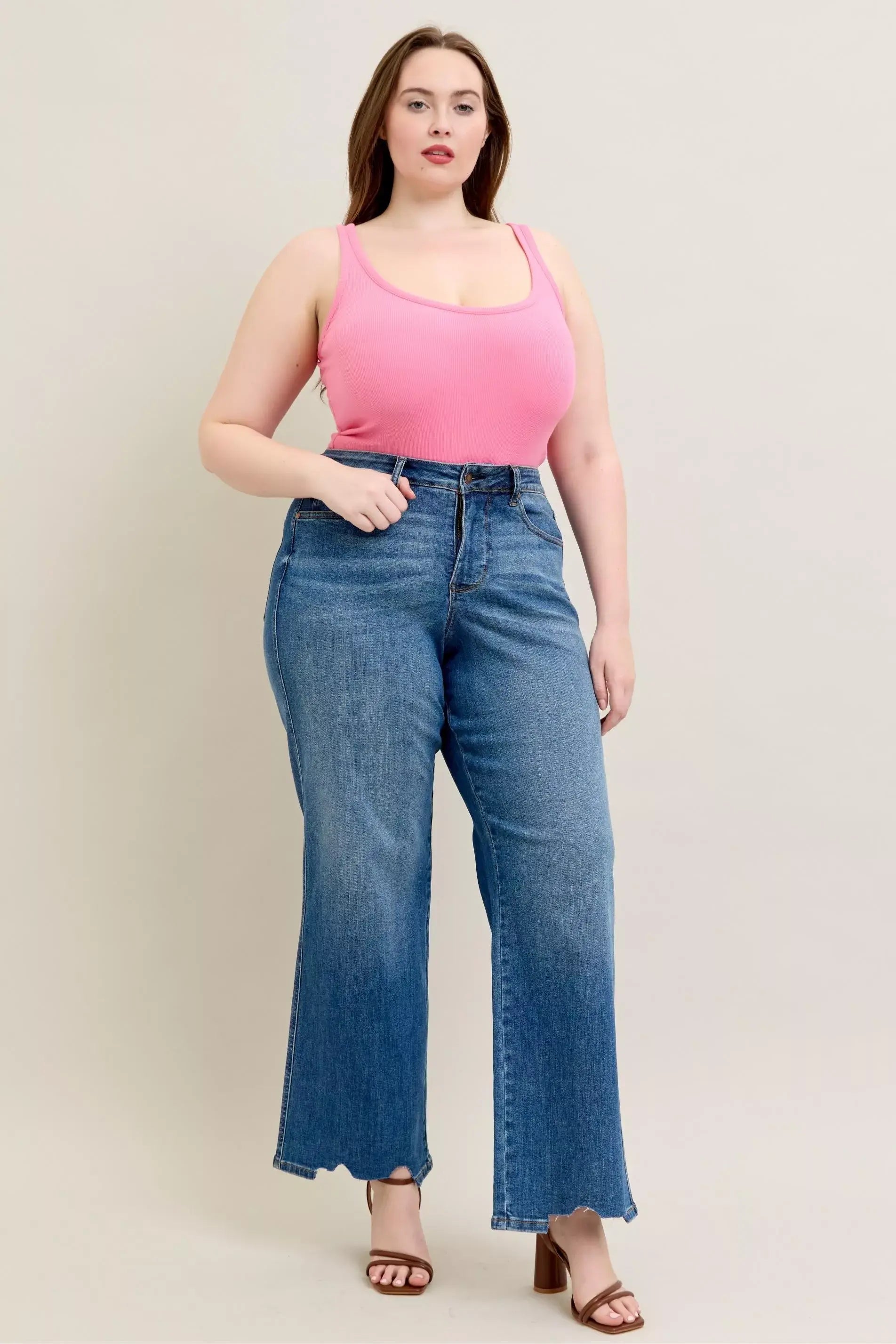 Judy Blue Full Size High Waist Tummy Control Chew Hem Destroy Wide Jeans Plus Size