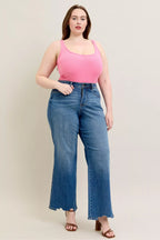 Judy Blue Full Size High Waist Tummy Control Chew Hem Destroy Wide Jeans Plus Size