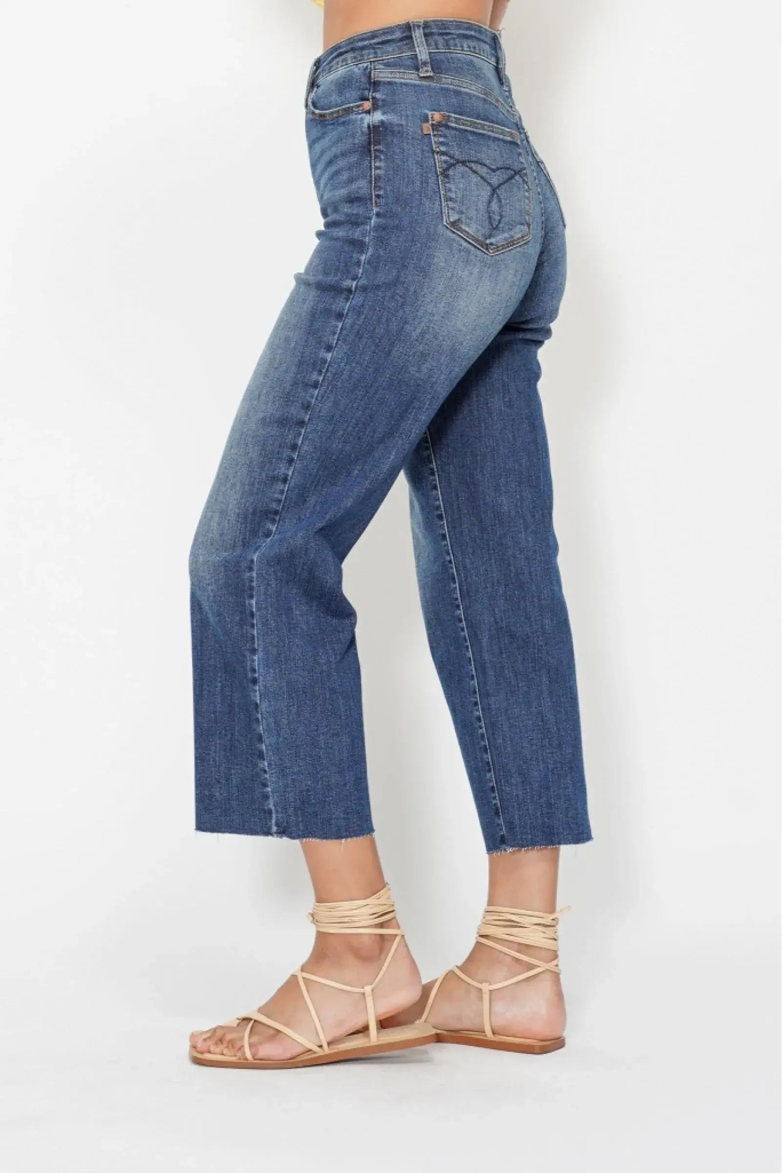 Judy Blue High Waist Back Pocket Embroidery Crop Wide Jeans