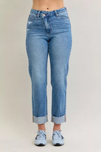 Judy Blue High Waist Bf Criss-cross Mild Destroy Jeans with Single Cuff