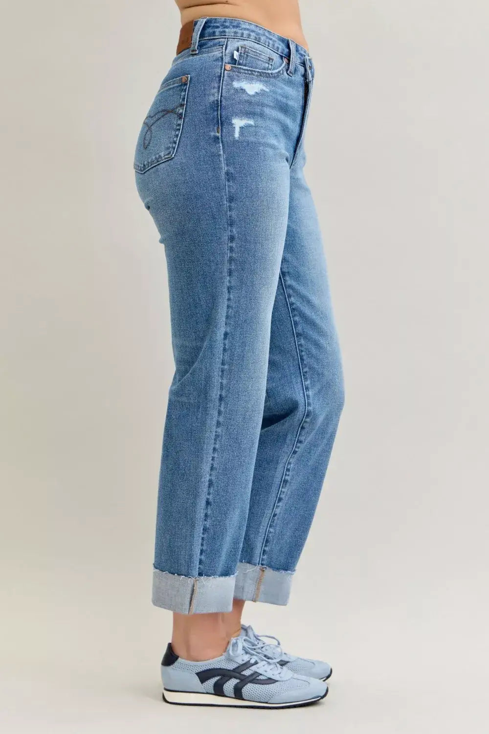 Judy Blue High Waist Bf Criss-cross Mild Destroy Jeans with Single Cuff