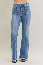 Judy Blue High Waist Flare Fray Hem Jeans with Front Pintuck Detail