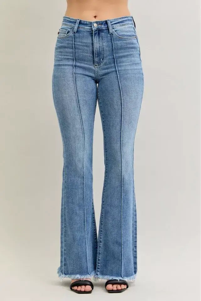 Judy Blue High Waist Flare Fray Hem Jeans with Front Pintuck Detail