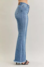 Judy Blue High Waist Flare Fray Hem Jeans with Front Pintuck Detail