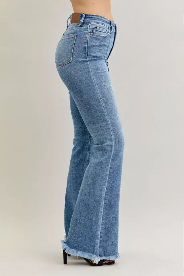 Judy Blue High Waist Flare Fray Hem Jeans with Front Pintuck Detail