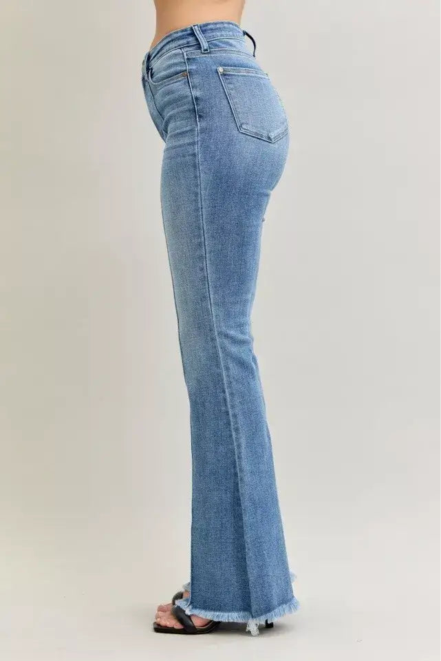 Judy Blue High Waist Flare Fray Hem Jeans with Front Pintuck Detail