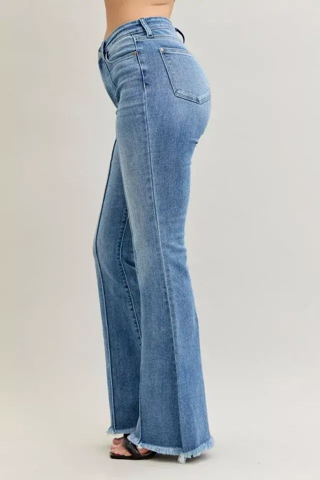 Judy Blue High Waist Flare Fray Hem Jeans with Front Pintuck Detail