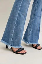 Judy Blue High Waist Flare Fray Hem Jeans with Front Pintuck Detail