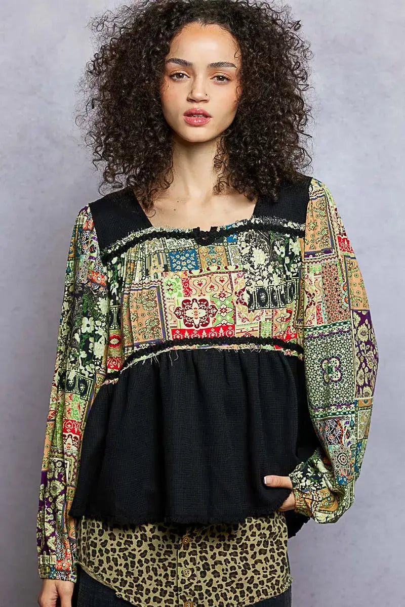 POL Balloon Sleeve Peplum Blouse with Trim Detail Image principale du produit