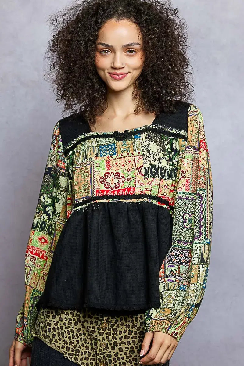 POL Balloon Sleeve Peplum Blouse with Trim Detail