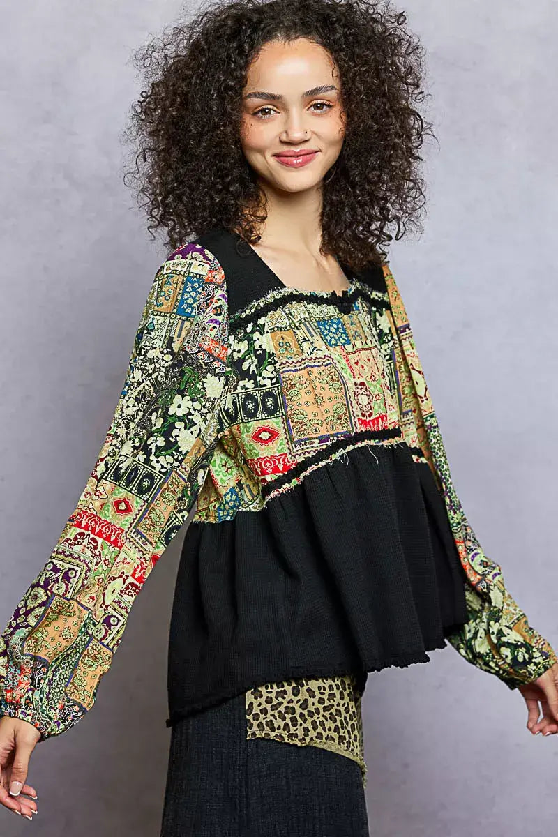 POL Balloon Sleeve Peplum Blouse with Trim Detail