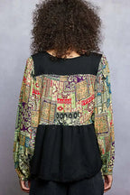 POL Balloon Sleeve Peplum Blouse with Trim Detail