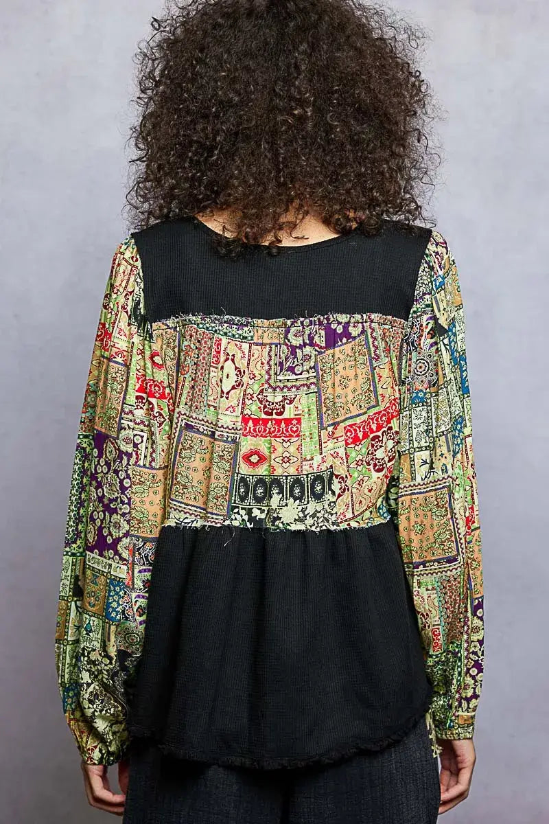 POL Balloon Sleeve Peplum Blouse with Trim Detail