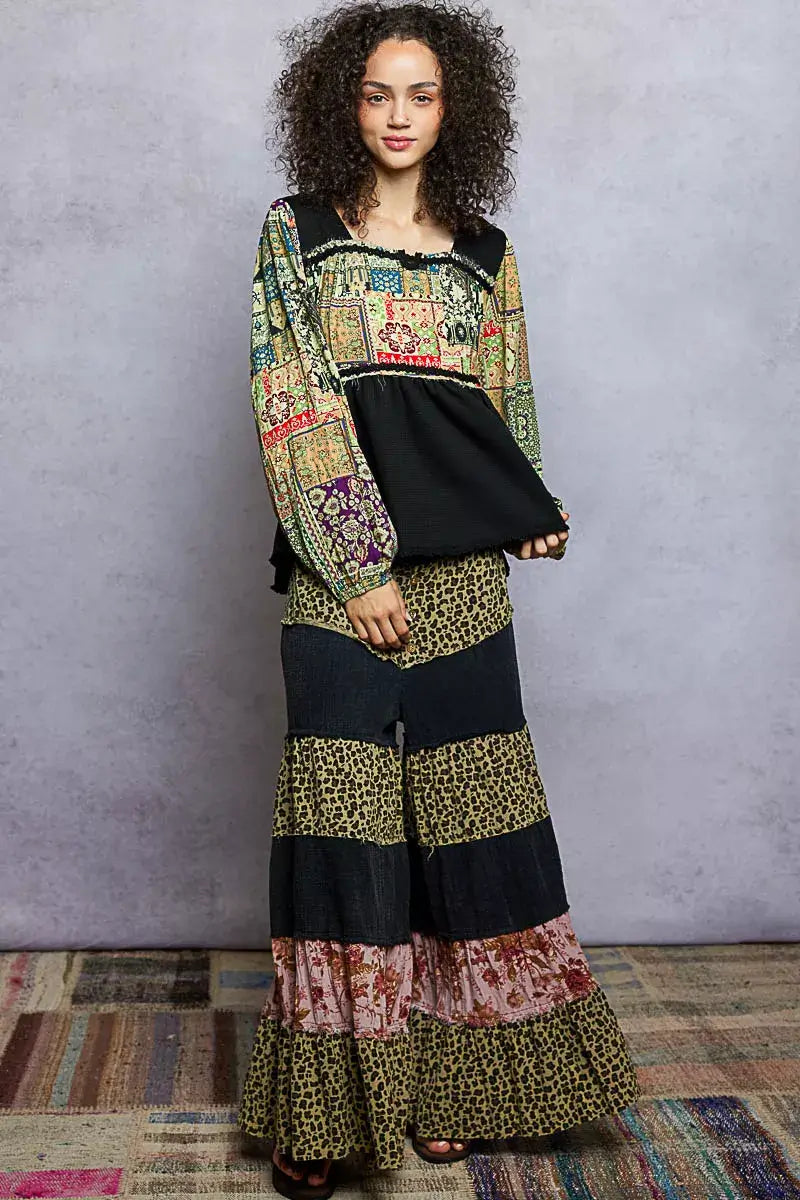 POL Balloon Sleeve Peplum Blouse with Trim Detail