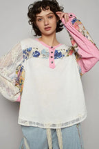 POL Button Detail Floral Patchwork Crochet Sleeve Blouse