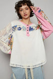 POL Button Detail Floral Patchwork Crochet Sleeve Blouse