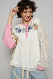 POL Button Detail Floral Patchwork Crochet Sleeve Blouse