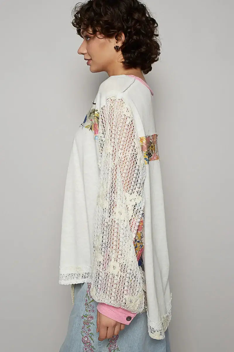 POL Button Detail Floral Patchwork Crochet Sleeve Blouse