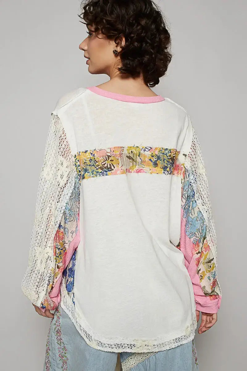 POL Button Detail Floral Patchwork Crochet Sleeve Blouse