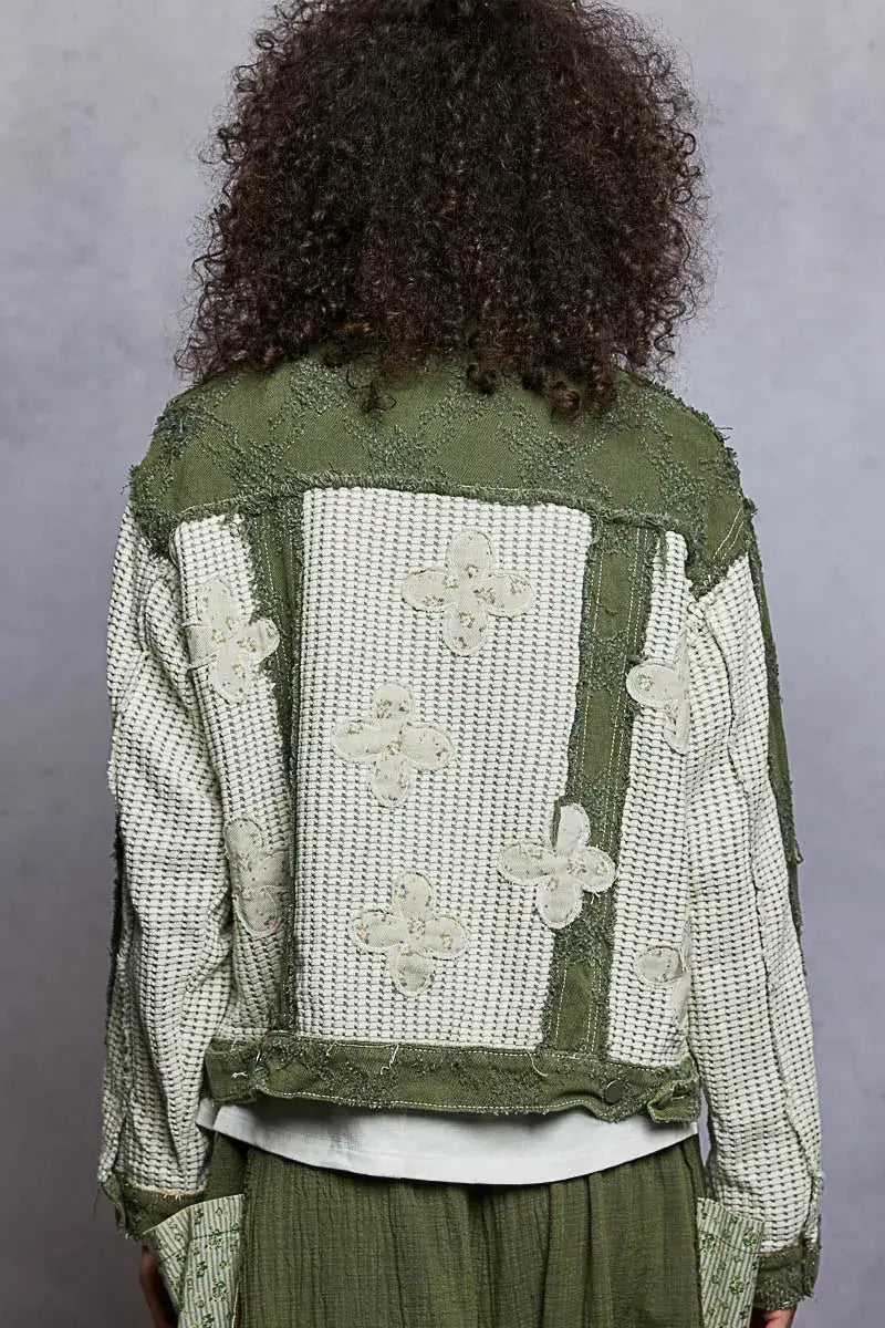 POL Button Down Raw Hem Jacket with Floral Patch