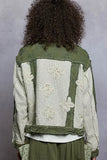 POL Button Down Raw Hem Jacket with Floral Patch