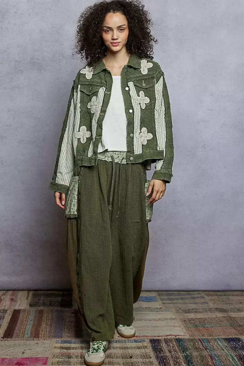 POL Button Down Raw Hem Jacket with Floral Patch