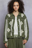 POL Button Down Raw Hem Jacket with Floral Patch